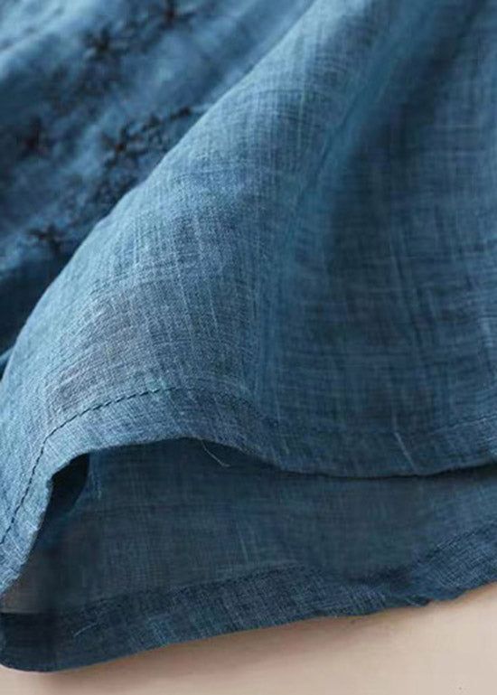 Blue O-neck Embroidered Cotton Dress Short Sleeve