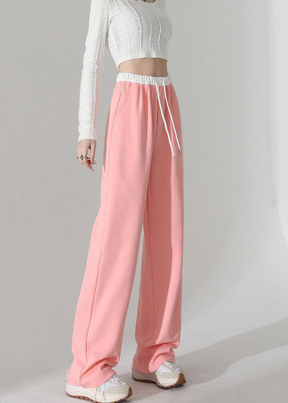 Pink Pockets Elastic Waist Cotton Straight Pants Spring