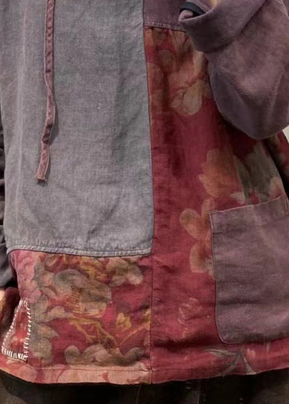 Grey Green Colour Neck Tie Print Patchwork Button Pockets Hoodie Shirt Long Sleeve