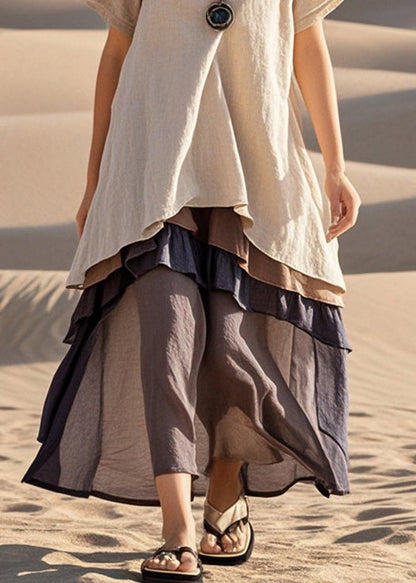 Apricot Oversized Patchwork Cotton Fake Two Piece Dress Summer