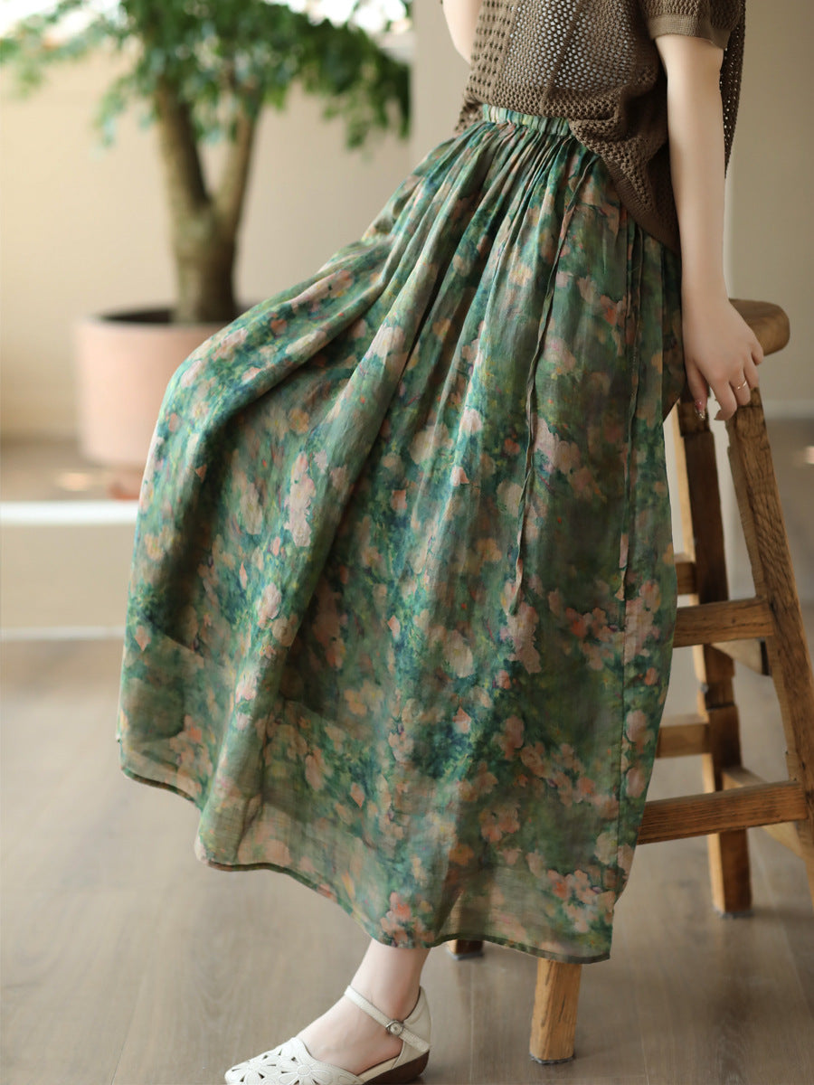 Summer Artsy Drawstring Loose Ramie Skirt