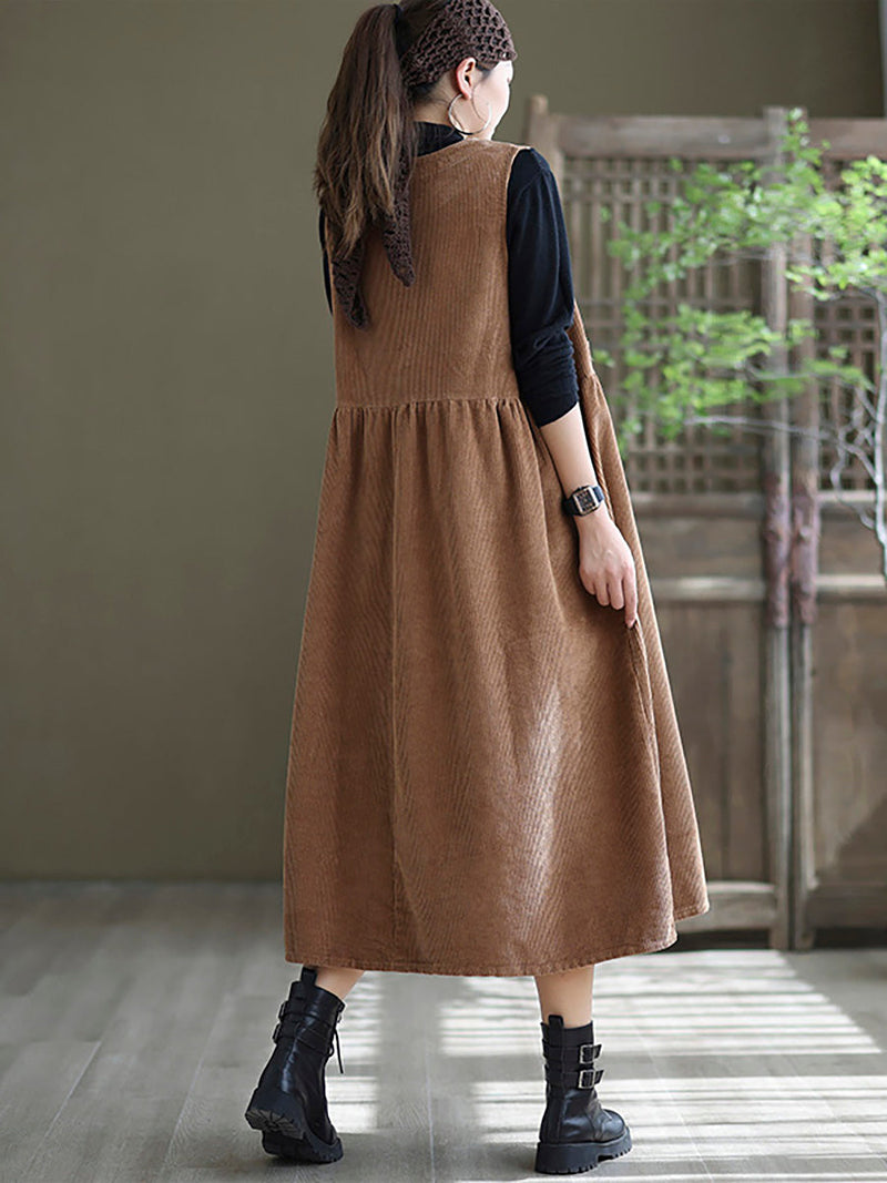 - Corduroy Pocket Sleeveless Pinafore Dress