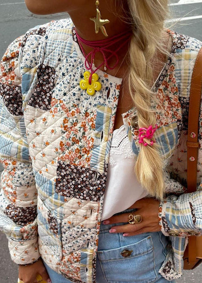 Stylish O Neck Pockets Print Fine Cotton Filled Short Coat Winter