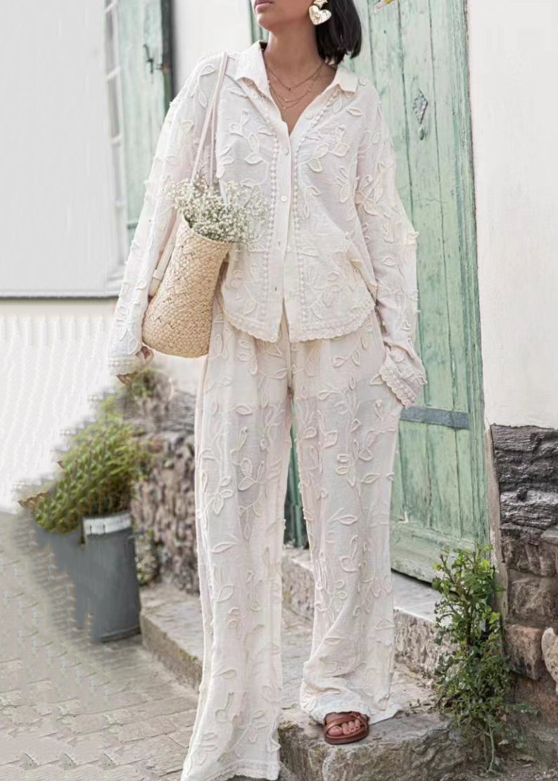 Jacquard White Button Cotton Shirts and Pants Sets 2 Pieces Long Sleeve