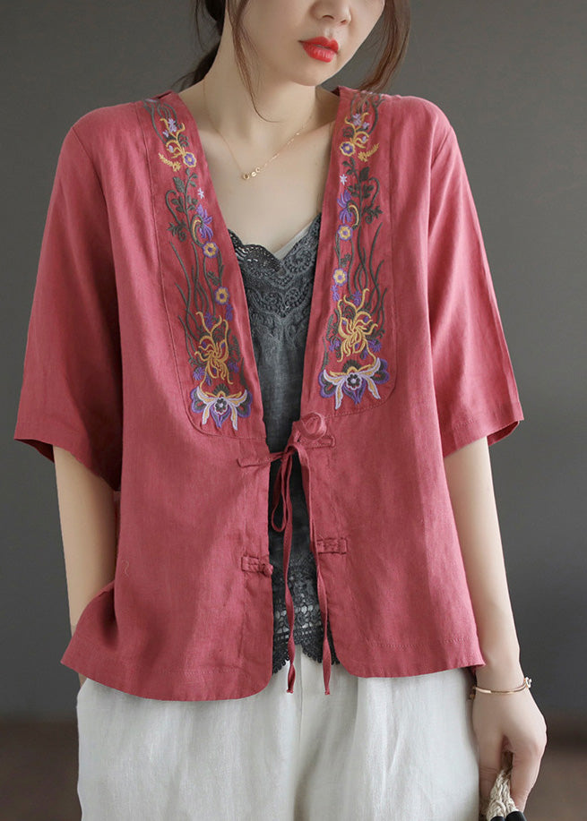 Red V Neck Embroidered Tie Waist Linen Top Short Sleeve
