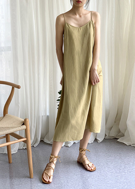 Khaki Linen Spaghetti Strap Dress Sleeveless