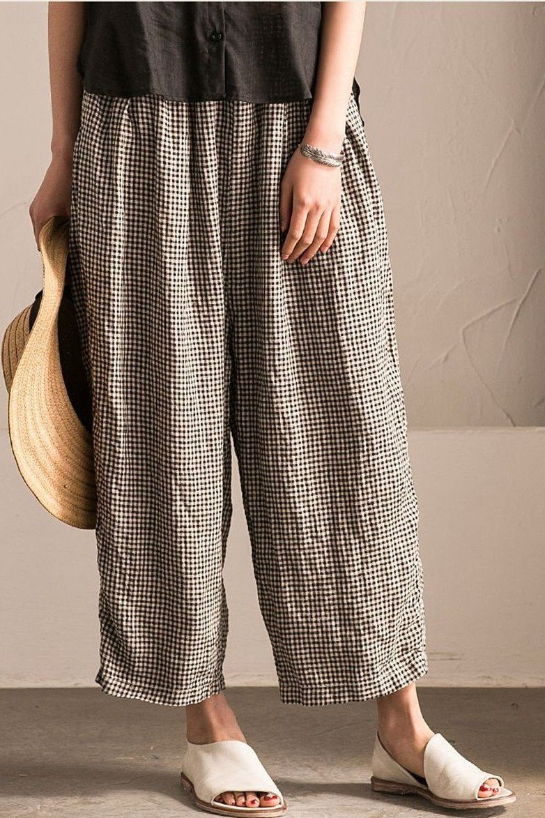 Black White Grid Wide-legged Pants Linen Trousers