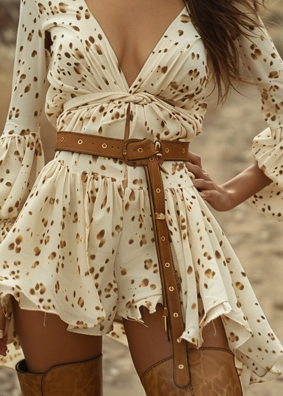 Beige V Neck Print Wrinkled Cotton Mini Dress Spring