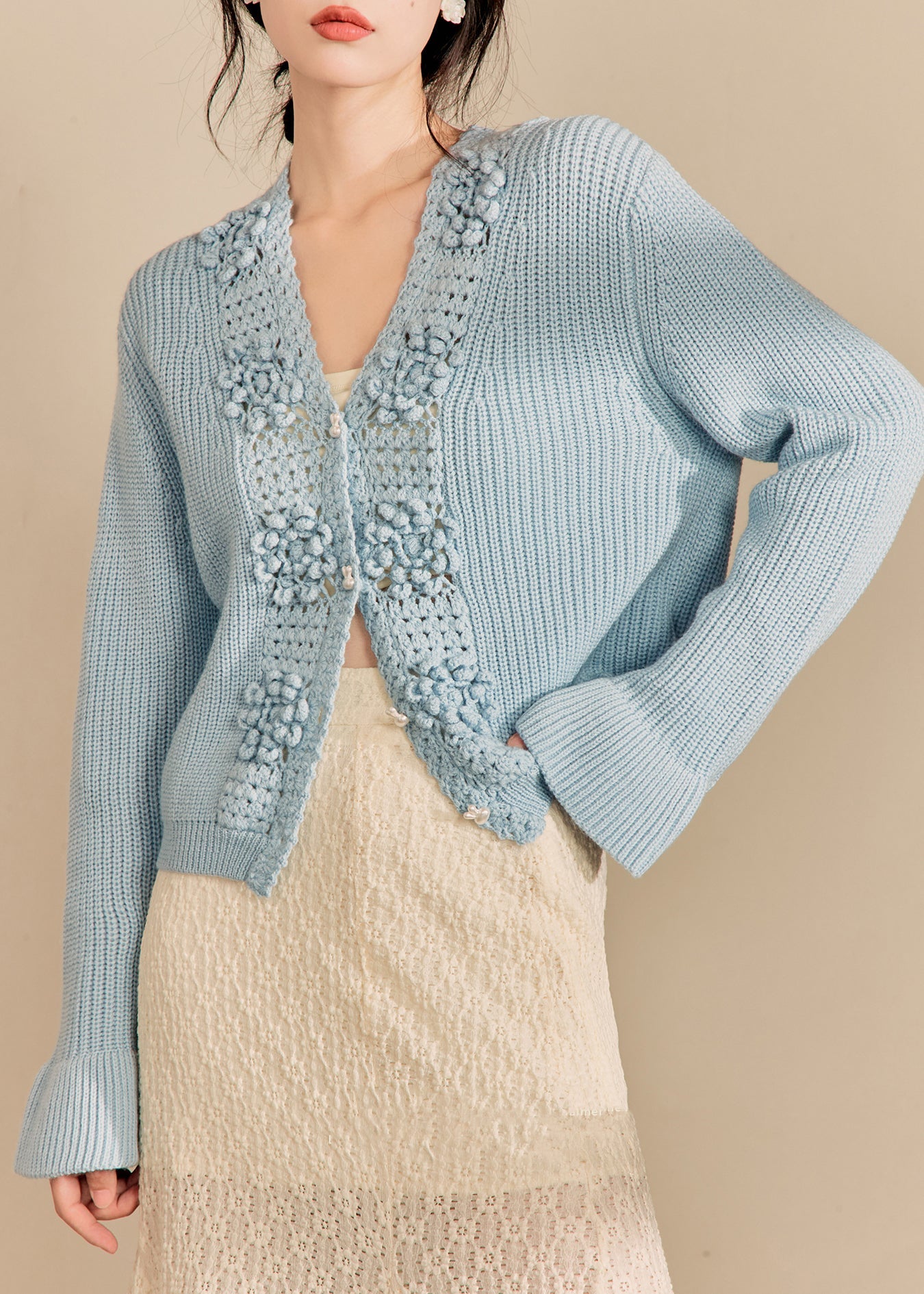 Blue V Neck Hollow Out Knit Cardigan Fall