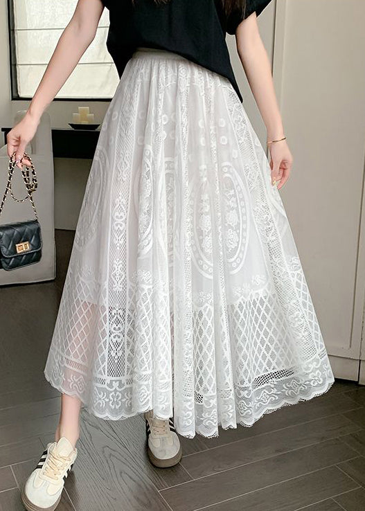 White Hollow Out High Waist Lace Skirt