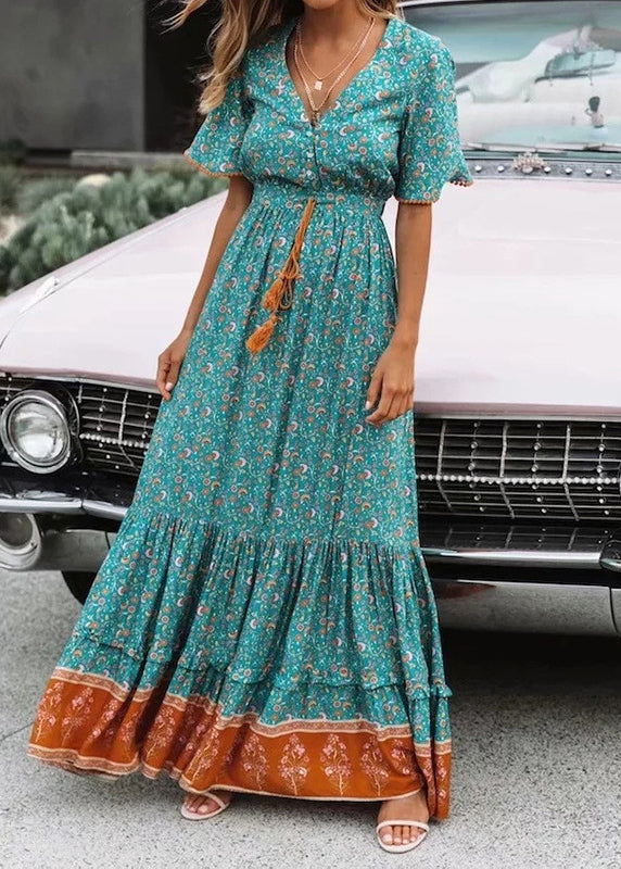 Classy Blue V Neck Print Lace Up Wrinkled Cotton Dress Summer