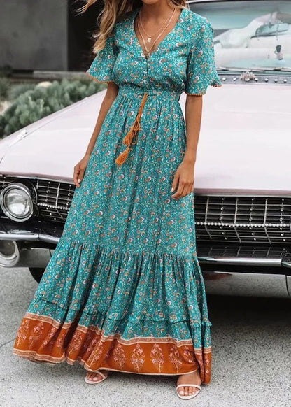 Classy Blue V Neck Print Lace Up Wrinkled Cotton Dress Summer
