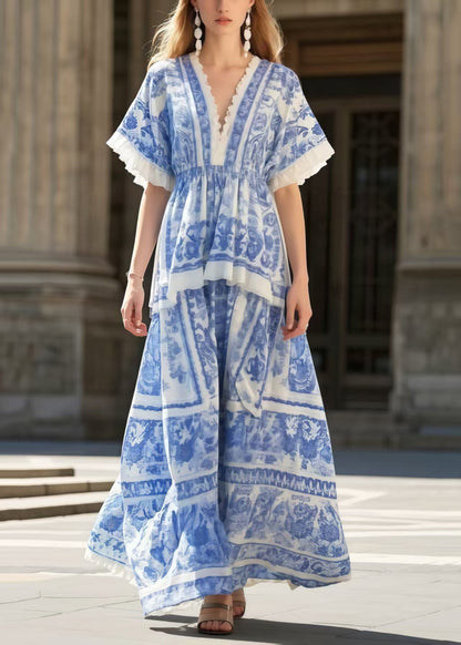 Blue Print Exra Large Hem Cotton Holiday Dress Summer