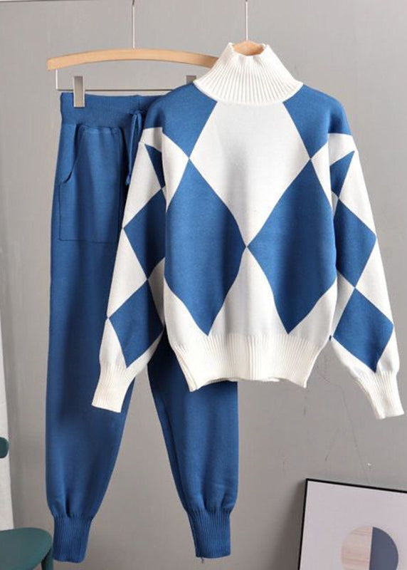 Blue Hign Neck Geometric Knit Two Pieces Set Winter