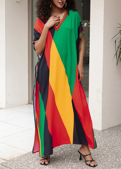 V Neck Geometric Print Side Open Cotton Dress Summer