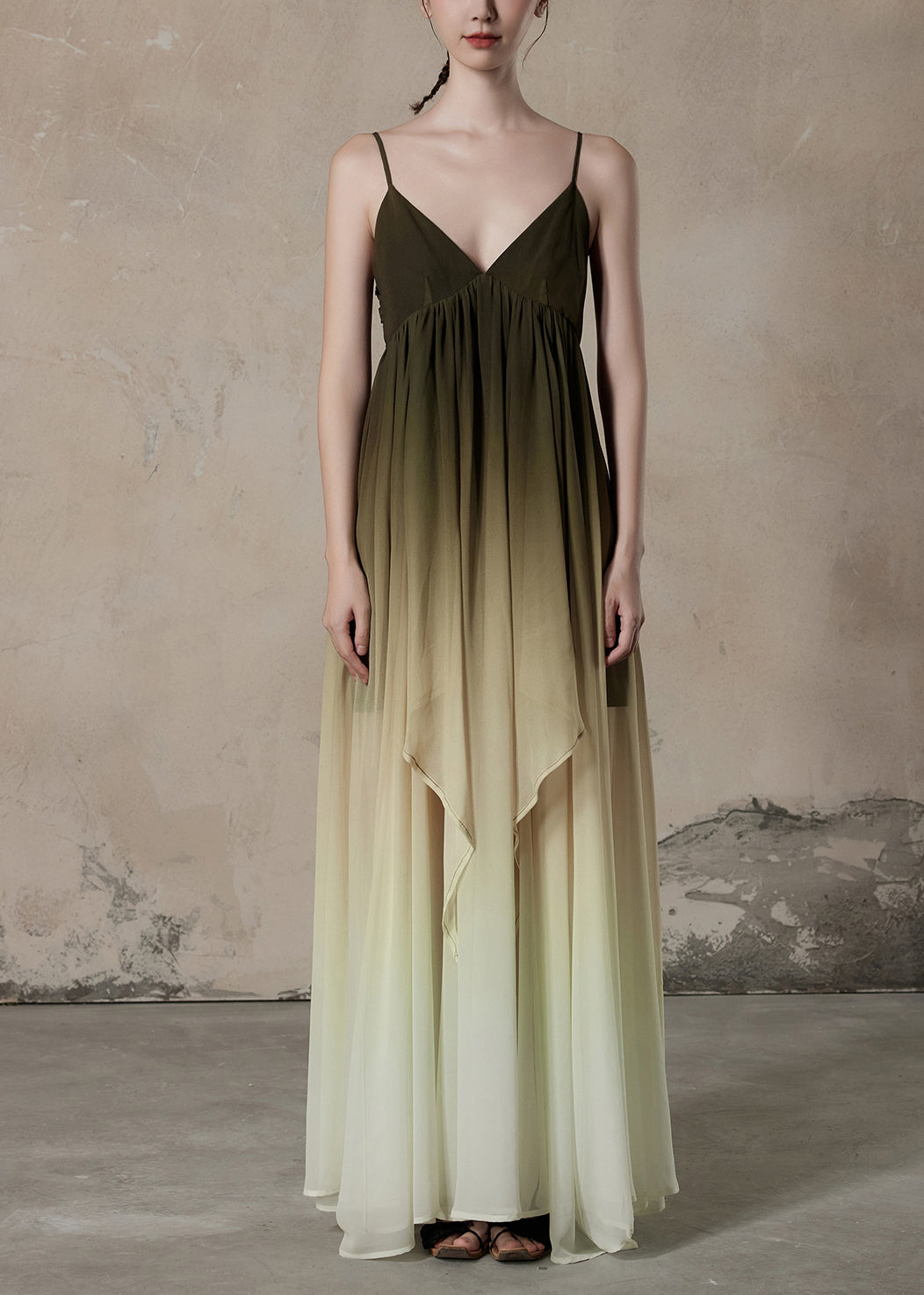 Gradient Color V Neck Wrinkled Chiffon Long Dress Sleeveless