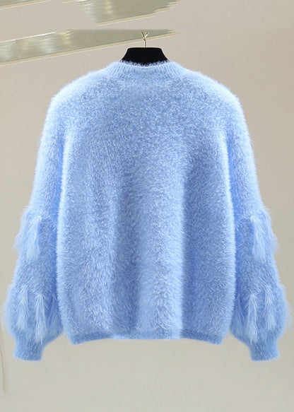 Handmade Blue Nail Bead Patchwork Tassel Cotton Knit Sweaters Winter