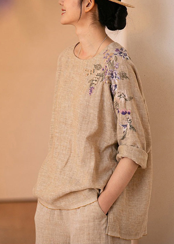 O-neck Embroidered Linen Shirt Top Long Sleeve