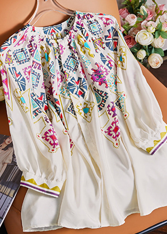 White O Neck Print Chiffon Shirt Spring