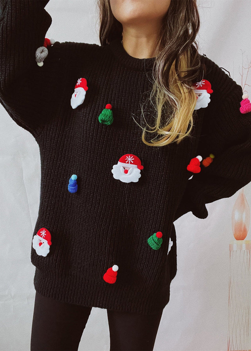 Black Thick Christmas Decorated Knit Sweater Winter