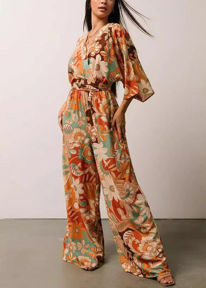 Orange V Neck Print Lace Up Jumpsuits Half Sleeve
