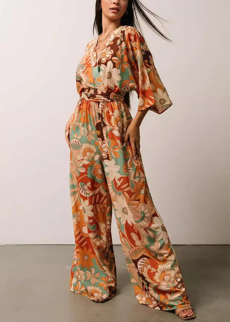 Orange V Neck Print Lace Up Jumpsuits Half Sleeve