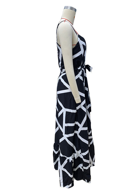 Stylish Black Print Lace Up Side Open Cotton Long Dresses Summer