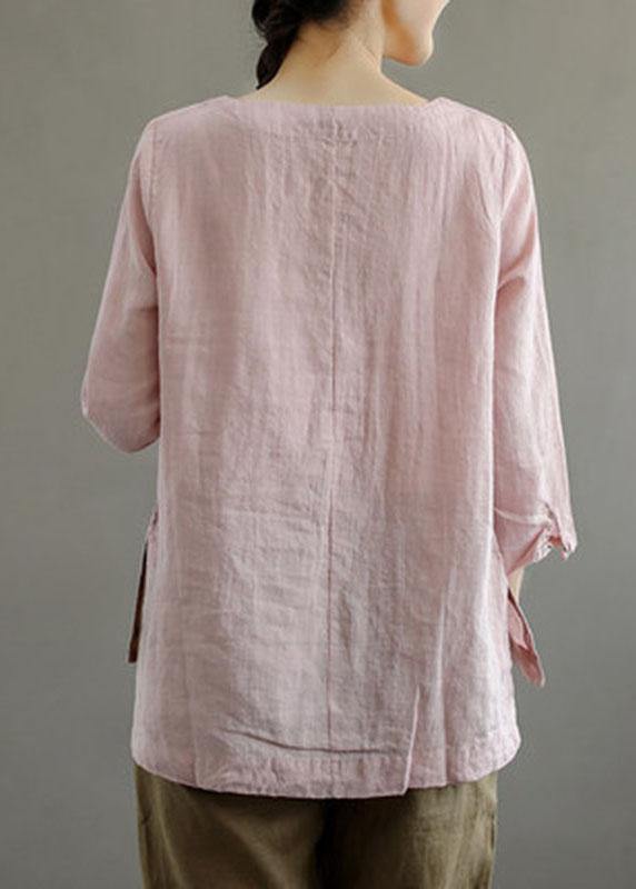 Pink O-neck Button Embroidered Fall Linen Long Sleeve Top