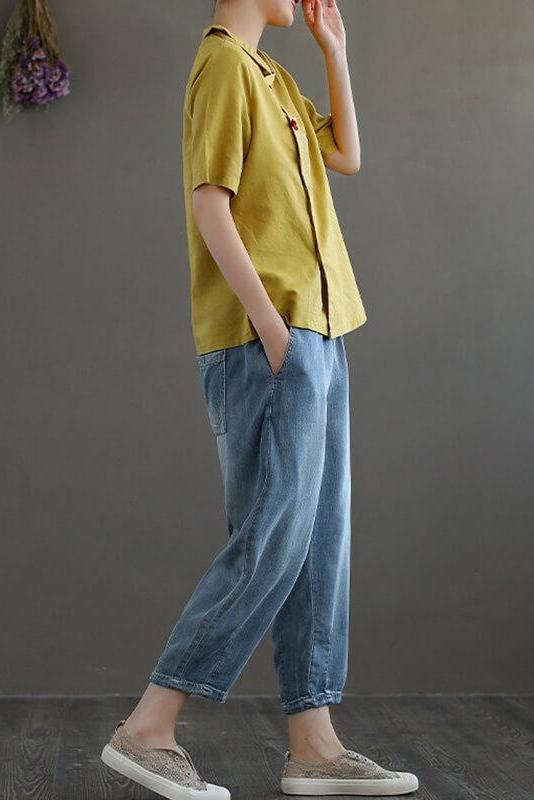 Embroidered Turn Down Collar Linen Retro T-shirt