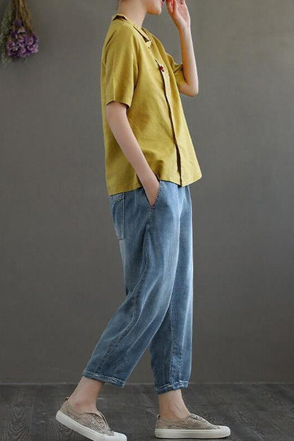 Embroidered Turn Down Collar Linen Retro T-shirt