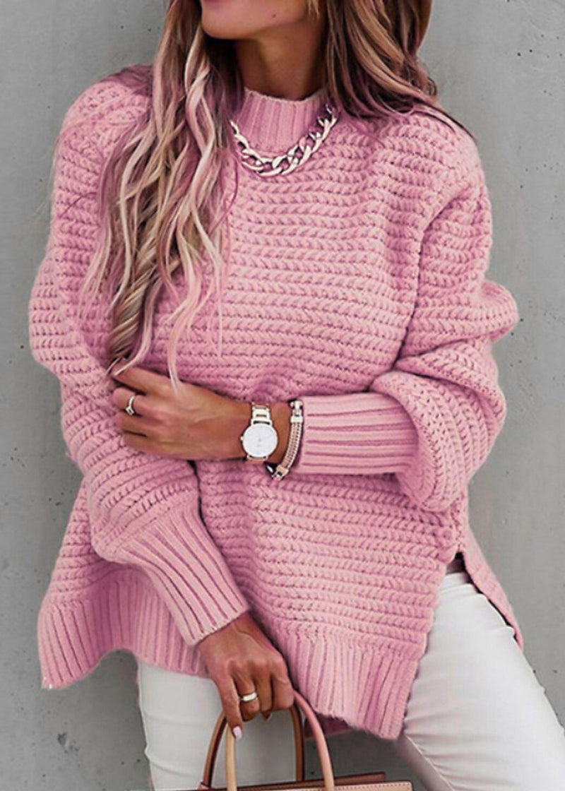 Pink O Neck Side Open Thick Cozy Knit Sweaters Fall