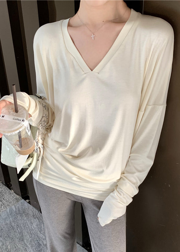 Beige Loose Cotton Spring Top V Neck