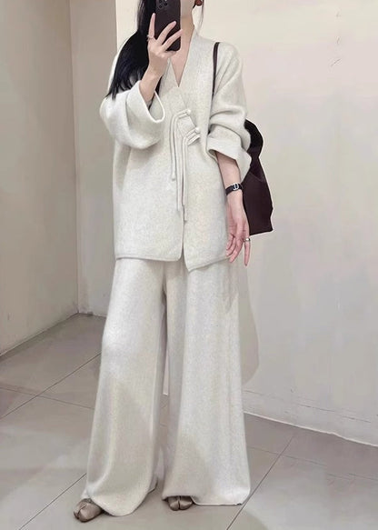 Brief Light Grey V Neck Button Knit Coats and Pants Two Piece Set Fall