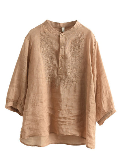 Orange Stand Collar Embroidered Shirt Long Sleeve