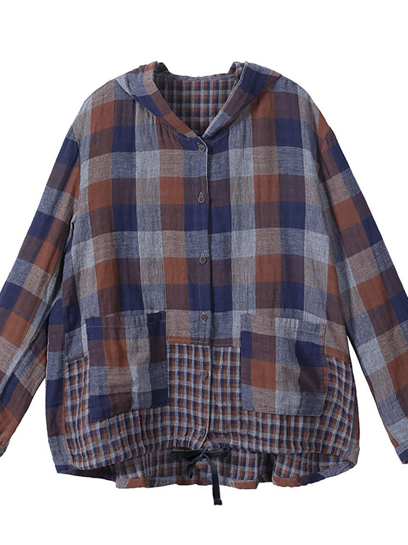 Loose Stitching Drawstring Cotton Linen Hooded Blouse Shirt