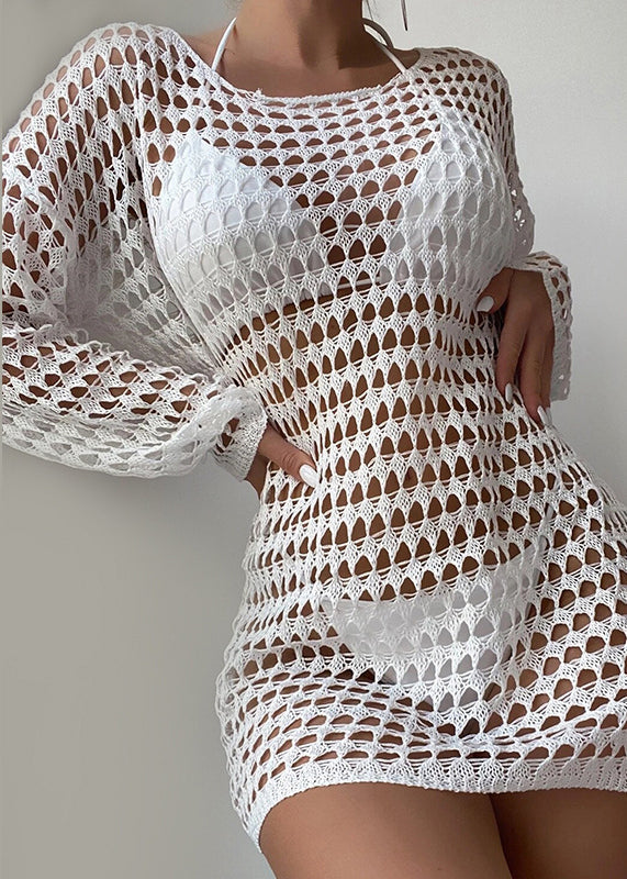 White O-neck Hollow Out Knit Top Long Sleeve