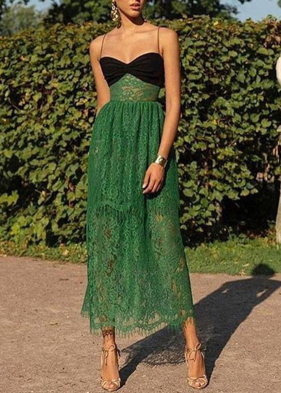 Green Cold Shoulder Patchwork Lace Spaghetti Strap Dress Sleeveless