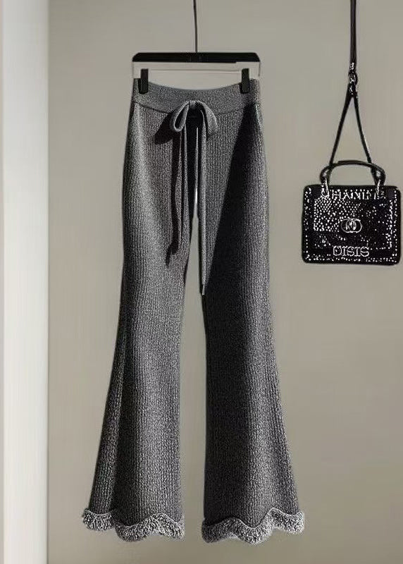 Grey Cozy Elastic Waist Knit Flared Trousers Fall