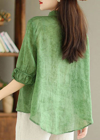 Green Button Print Linen Shirt Summer