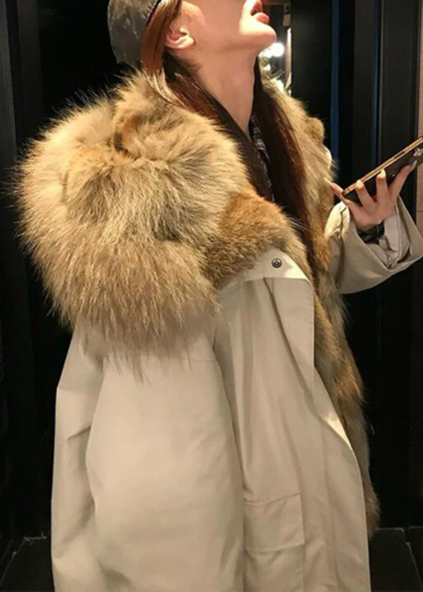 Apricot Pockets Patchwork Detachable Hoosed Jacket Winter