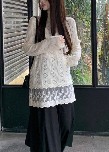 Apricot Hign Neck Lace Patchwork Knit Sweater Winter