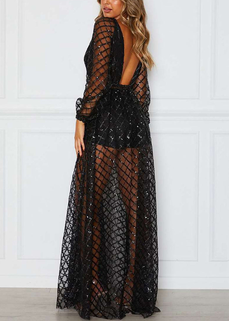 Gold V-neck Check Sequin Dress Long Sleeve