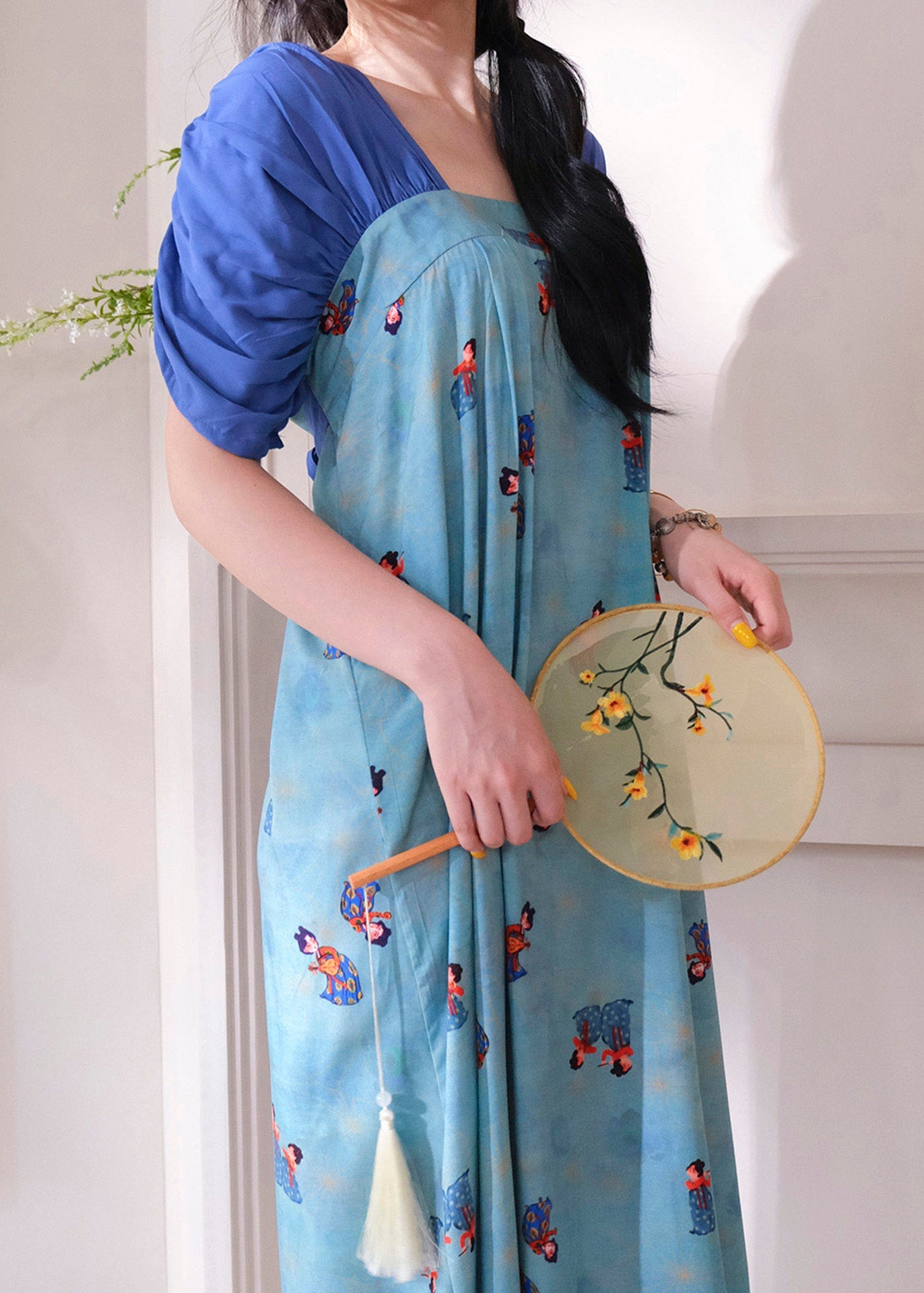 Brief Blue Square Collar Print Long Dresses Pajama Short Sleeve