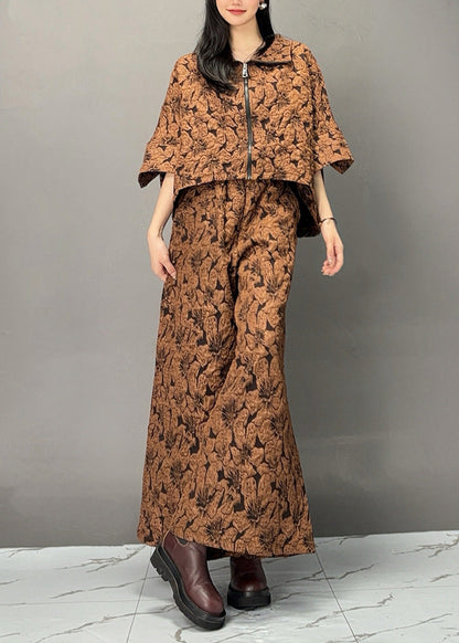 Chocolate Print Zippered Top and Wide Leg Pants Two Piece Set Fall