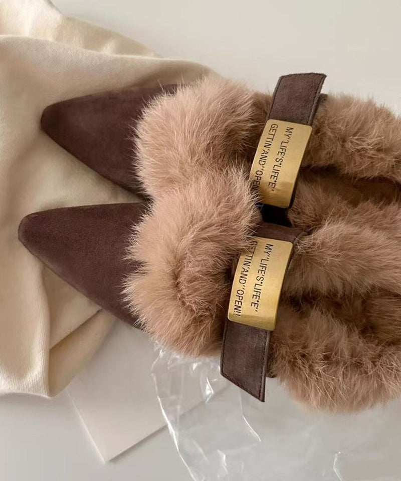 Brown Suede Splicing Chunky Heel Fuzzy Wool Lined Pointed Toe