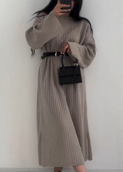 Grey O Neck Long Knit Sweaters Dress Fall