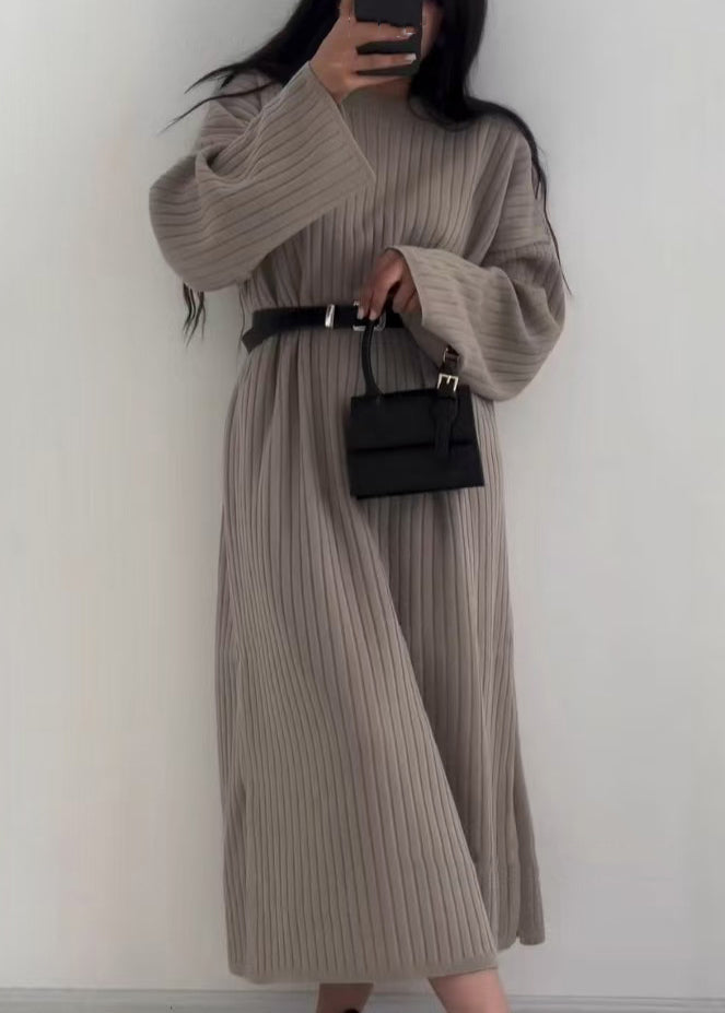 Grey O Neck Long Knit Sweaters Dress Fall