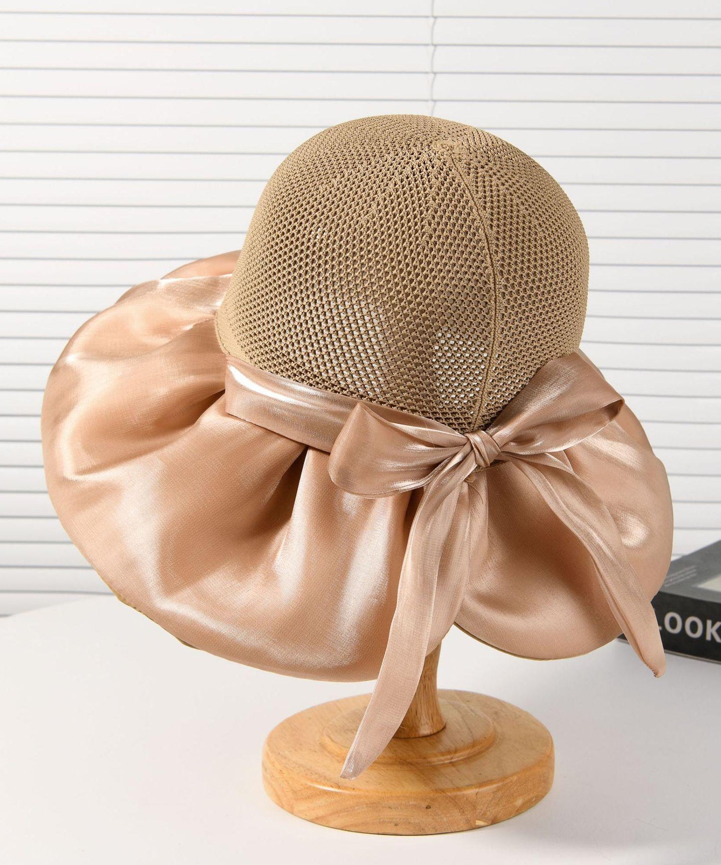 New Dark Khaki Knit Patchwork Satin Bow Bucket Hat