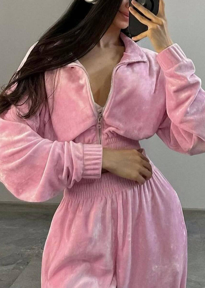 Loose Pink Zip Up Elastic Waist Coat and Pants Silk Velvet Two-piece Set Spring