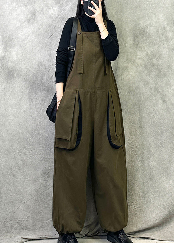 Leisure Khaki Pockets Patchwork Shoulder Straps Pants for Spring